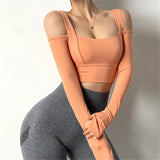 Bonnyshow  Women Strapless Sports Shirts Long Sleeve Dry Tank Top Gym T-shirt Athletic Active Fitness Workout Running  Sportswear