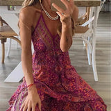 Bonnyshow Women Boho Vintage Maxi Dress Loose Flora Print Deep V Neck High Waist Dresses Spaghetti Strap Summer Retro Vestidos Clothes