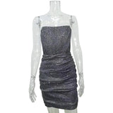 Bonnyshow Sliver Glitter Sexy Dress Women Strapless Skeleton Mini Summer Bodycon Dress Vestido Elegant Night Party Dress