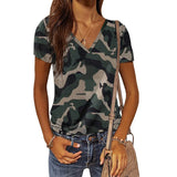 Bonnyshow Women Short Sleeve T-Shirts Camo Print V-Neck Tops Summer Sports Loose Tee Female Street Green T-Shirt