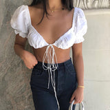 Bonnyshow Women's Front Tie Ruched Crop Top Fashion Summer Solid Color Deep V Neck Puff Sleeve Basic Bustier Bra Navel T Shirt