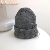 Bonnyshow Solid Color Knitted Hat Punk Hip Hop Beanies for Men Women Metal Pin Ring Brimless Melon Cap Winter Warm Crochet Bonnet Gorras