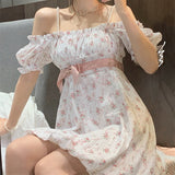 Bonnyshow  Floral Strap Fairy Dress Women French Sweet Princess Holiday Party Dress Female Summer Casual Beach Sexy Mini Dress Korean