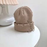 Bonnyshow Solid Color Knitted Hat Punk Hip Hop Beanies for Men Women Metal Pin Ring Brimless Melon Cap Winter Warm Crochet Bonnet Gorras