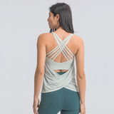 Bonnyshow 2in1 FLY Crisscross Yoga Gym Tank Tops+Inside Bra Women Loose Fit Soft Workout Fitness Vest Sport Sleeveless Shirts