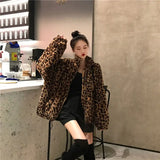 BonnyshowWinter Leopard Print Jacket Women's Stand collar Warm Parkas Outwear 2023 New Autumn Winter Korean Female Loose Faux Fur Coats