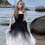 Bonnyshow Retro Black Gradient Puffy Suspender Dress