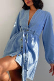 Bonnyshow Spring Fashion V-neck Long Sleeve Denim Dress