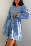 Bonnyshow Spring Fashion V-neck Long Sleeve Denim Dress