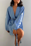 Bonnyshow Spring Fashion V-neck Long Sleeve Denim Dress