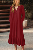 Bonnyshow Solid Color V-neck Lace-up Long-sleeved A-line Dress