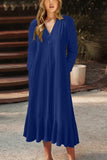 Bonnyshow Solid Color V-neck Lace-up Long-sleeved A-line Dress