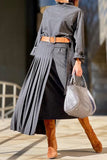 Bonnyshow Casual Mock Neck Pleated Long Train Patchwork Belt Midi Dress