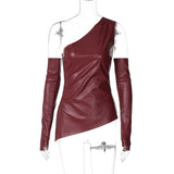 Bonnyshow Kaiulani PU Leather Slope Collar Top