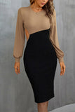 Bonnyshow Spring Elegant Puff Sleeve Color Block Hip Dress