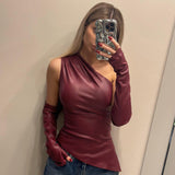 Bonnyshow Kaiulani PU Leather Slope Collar Top