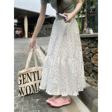 90s fashion Sweet Floral Wooden Ear Cake Skirt Women's Summer Skirt Slimming High Waist A- line Skirt Mid-Length Umbrella Skirt