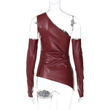 Bonnyshow Kaiulani PU Leather Slope Collar Top