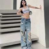 Bonnyshow 90s streetwear Niche Loose Slimming Ripped Wide-Leg Pants 2024 Summer New American Chic High Street Fashion High Waist Mopping Pants