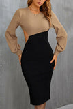 Bonnyshow Spring Elegant Puff Sleeve Color Block Hip Dress