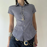 90s fashion Retro Casual Style Blue Plaid Short-Sleeved Shirt Women's Polo Collar Tight Waist Tight Single-Breasted Top