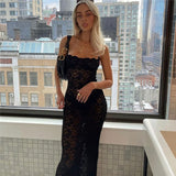 Bonnyshow Sexy Women Lace Floral Long Dress Sexy Mesh See Through Summer Dress Sleeveless Strap Back Split Black Beach Vestidos