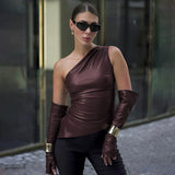Bonnyshow Kaiulani PU Leather Slope Collar Top