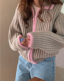 Bonnyshow Heaven Zipper Knitted Striped Cardigan