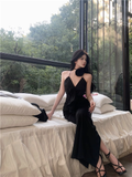 Bonnyshow Black V Neck Long Dress