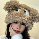 Bonnyshow Cartoon Fluffy Beanie Cap for Women Cute Puppy Ears Plush Hat Korean Solid Color Warm Faux Fur Female Girls Pullover Caps