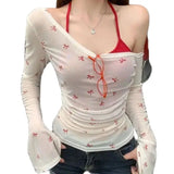 Bonnyshow  Aesthetic Design Slim Slash Neck Fake Two Pieces Women Fashion Skinny Long Sleeve Bow Print Tops Female Lace Up Vest New