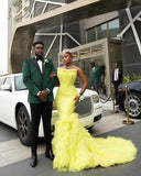 Bonnyshow Striking Neon Yellow Mermaid Evening Dresses With Big Volume Tulle Bottom Aso Ebi Stylished Long Prom gowns Bridal Dress