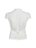 Bonnyshow Solid Shirring Button Up Turn Down Collar Short Sleeve White Shirts Women Simple Casual Summer Clothes