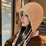 Bonnyshow Korean Wool Tassel Knitted Hat for Women Winter Warm Ear Protection Cap Sweet Solid Color Female Pullover Hats Gorros