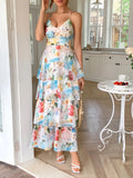 Bonnyshow  Summer Casual Vacation Style Suspender Dress Bohemian Print Cake Dresses Sleeveless Beach Long Dress Women's Vestidos