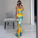 Bonnyshow Fashion Tie Dye Maxi Dress Women Elegant Spaghetti Strap Slim Evening Party Dresses Summer Sexy Backless Beach Holiday Dress