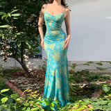 Bonnyshow  Women Print Dress Y2K Streetwear Sleeveless Backless Party Long Dress Sexy Beach Club Outfits Summer Vacation Clothes
