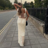 Bonnyshow Beige Lace Maxi Skirt Women Sexy See Through Beach Trumpet Skirts Autumn Casual Bodycon High Waist Holiday Irregular Skirt 2024