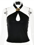 Bonnyshow  Summer Slim Top Hollow Out Shoulder Crop Vest Female Elegant Streetwear Sexy Backless Metal Ring Halter Women Tanks 2025 New
