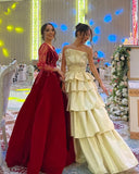 Bonnyshow Pretty Light Yellow Layered Long Prom Dresses Strapless Lace Up Black A-line Modest Formal Party Gowns