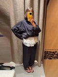 Bonnyshow  Vintage Red Women's Bomber Jacket Loose Stand Collar Full Sleeve Zipper Female Jackets 2025 Autumn Winter Fashion Streetwears