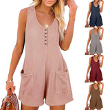 Bonnyshow Women Sleeveless Jumpsuits Summer Vintage Solid Large Pocket Loose Shorts Rompers Female Casual One Piece Outfit Clothes