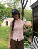 Bonnyshow  Femme Pink Slim Blouse Shirts Summer Women's Fashion Casual Polo Neck Short Sleeve Top Single-breasted Shirt Y2k Coquette