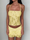 Bonnyshow  Lace Sheer A-Line Ruffle Mini Skirt Set For Women Halter Tie Backless Tank Top Short Skirt Sexy Vacation Two-Piece Outfit