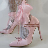 Bonnyshow  Pink Satin Ribbon Ankle Wrap High Heel Pumps Butterfly Knot Bow Women Shoes Slip On Pointed Toe Hollow Party Shoes