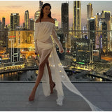 Bonnyshow  Sexy See Through Lace Women Dress Party Long Flare Sleeve Slash Neck Split Female Dresses 2025 Spring Summer Club Lady Robe