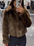 Bonnyshow Fashion Solid Color Plush Women's Coat Casual Retro Turndown Collar Short Coats Women Winter Soft Comfortable Warm Outerwears
