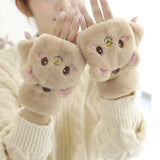 Bonnyshow New Cute Knit Mittens Plush Fingerless Gloves Flip Half Finger Driving Glove Winter Soft Warm Thick Gloves For Women Girl