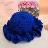 Bonnyshow Winter Handmad Crochet Knitted Hat For Women Solid Color Fisherman Hats Ruffled Brim Bucket Cap Men Carnival Party Funny Gift