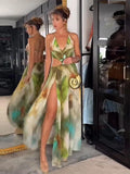 Bonnyshow  Printed Hollow Women's Long Dress Sexy Halter Lace Up Sleevesles Backless Bodycon Dressess Female 2025 Summer Lady Beach Robes